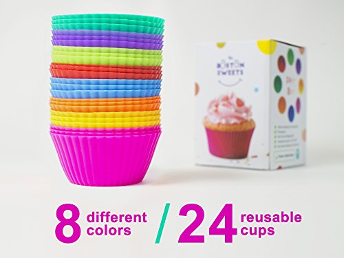 Boston Sweets Silicone Cupcake Liners - 24 Pack Baking Cups- EIGHT colors