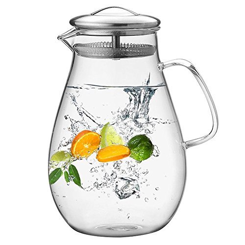Glass Pitcher with Stainless Steel Lid / Water Carafe with Handle - Good Beverage Pitcher