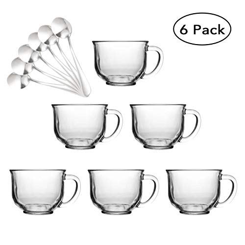 16oz Glass Jumbo Mugs With Handle For Coffee, Tea, Soup,Clear Drinking Cup With Spoon,Set of 6