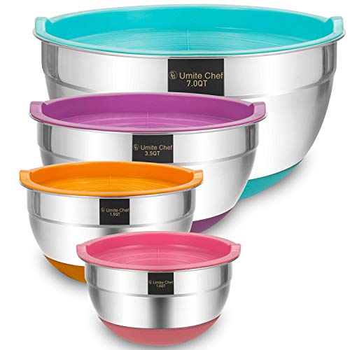 Mixing Bowls with Airtight Lids, 4 Piece Stainless Steel Large Non-Slip
